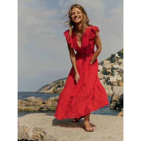 La Ligne Women's Red Marta Ruched Tiered Cotton Midi Dress Large NWOT - Picture 3 of 10